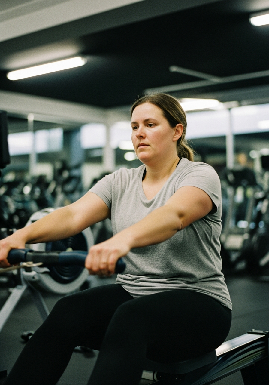 Gym member training on rowing machine